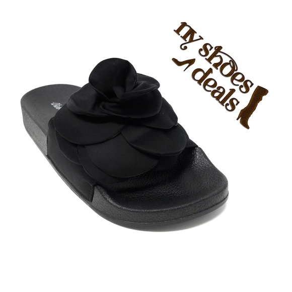 Victoria K Shoes - Women Satin Black Rose Petal Slip-On Sandals Flips